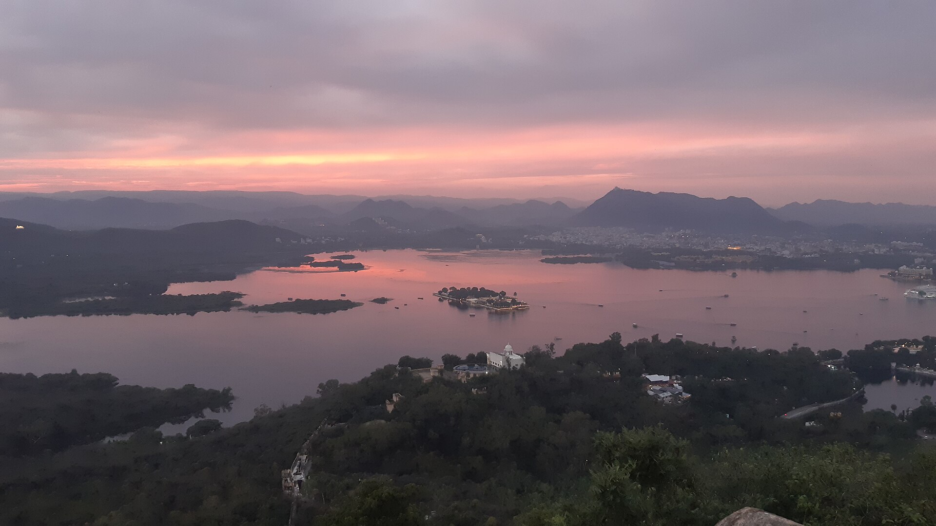 Lake Pichola and the Aravalli hills at dusk, Udaipur